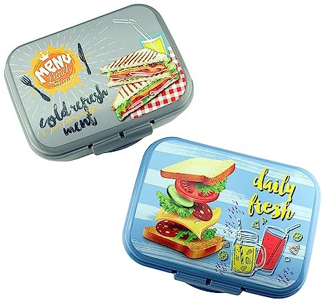 PhiluMo 2 x Lunchbox Daily Fresh & Menu Lunch Time - Brotdose, Vesperdose - blau & grau - 16 x 12 x 7 cm, 1000ml - 2 Stück