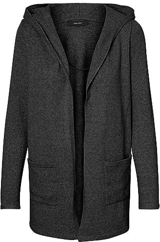 VERO Moda Damen Vmdoffy Ls Open Hood Vest Ga Noos Strickjacke, Dark Grey Melange ,L