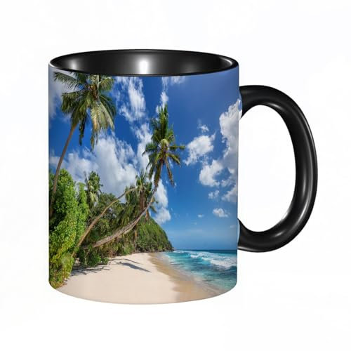 Tasse Keramik Paradiesischer, sonniger Strand mit Palmen und blauem Meer auf der Karibikinsel. Somm Kaffeetassen Große 330ml Mit Henkel 100% Handbemalt Trinkgläser Mit Griff Personalisierte Geschenk