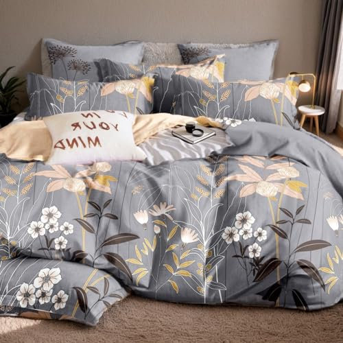 Etrexonline Conjunto de Sábanas 4 Piezas Cama 150 Microfibra Extra Suave Transpirable - 1 Funda Edredón 240x220 cm, 1 Bajera 150x200+28 cm y 2 Fundas de Almohada 50x90 cm (Flor Gris)
