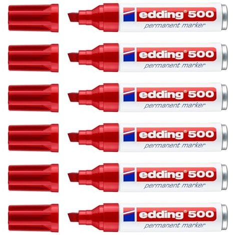Edding Permanentmarker 500, Rot, breite Spitze, abgeschrägt, 2-7 mm, 6 Stück