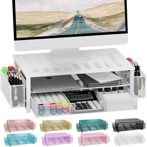 gianotter Soporte elevador para monitor, organizador de escritorio con cajón y soporte para bolígrafos, soporte de computadora de 2 niveles, accesorios de escritorio y organizadores de espacio de