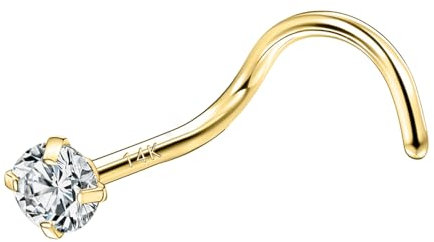 SYLWIA Clous de nez en or véritable 14 carats - 20 g - 18 g - En forme de L - Tire-bouchon - Imitation diamant - Hypoallergénique - Calibre 18 - 20 mm - 2,5 mm - 3 mm, 18g (1.0mm), Or jaune, Zircon