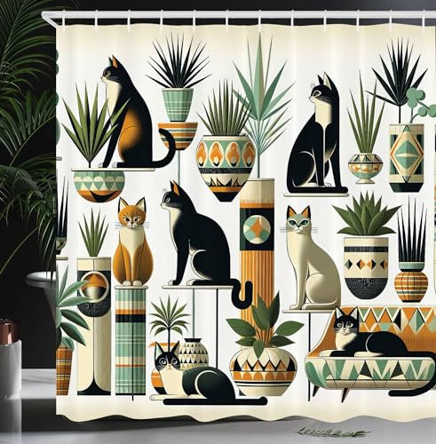 ABAKUHAUS Katze Duschvorhang, Boho Ethno Stil Design mit sitzenden und liegenden Kätzchenposen botanisch, Stoffliches Gewebe Badezimmerdekorationsset mit Haken, 175 x 200 cm, Schwarz Ingwer Minzgrün