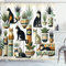 ABAKUHAUS Katze Duschvorhang, Boho Ethno Stil Design mit sitzenden und liegenden Kätzchenposen botanisch, Stoffliches Gewebe Badezimmerdekorationsset mit Haken, 175 x 200 cm, Schwarz Ingwer Minzgrün