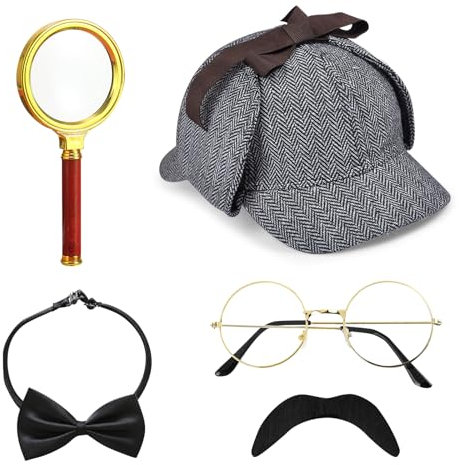 HEAWAA 5 Stück Detektiv Kostüm Zubehör Set, Sherlock Holmes Kostüm Accessoires mit Detektiv Hut Brille Falscher Schnurrbart Lupe Fliege Detektiv Cosplay Requisiten für Fasching Karneval Cosplay Party