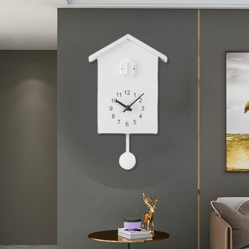 ReachMall Kuckucksuhr, natürliche Vogelstimmen, Anruf, Vogelhaus, Wandkunst, Design, Uhr, Pendel für Studium, Büro, Schlafzimmer, Wohnzimmer, Küche (weiß)