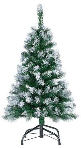 3Ft Artificial Christmas Tree Green Tabletop Christmas Tree with Flocking Snow Frost Tips Metal Stand Mini Xmas Pine Tree for Party Supplies Indoor Outdoor Holiday Home Decoration
