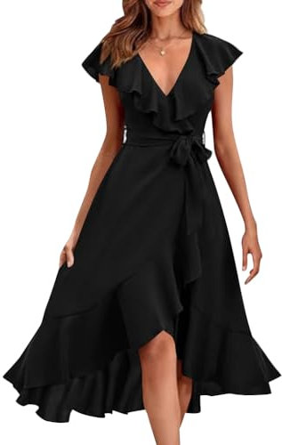 shownicer Robe Femme Chic et Elegant Robe Ete Boho Robe Col en V Manches Courtes Robes De Plage Décontracté Robes Au Genou Couleur Unie Robe Vintage Robe De Cocktail A Noir S
