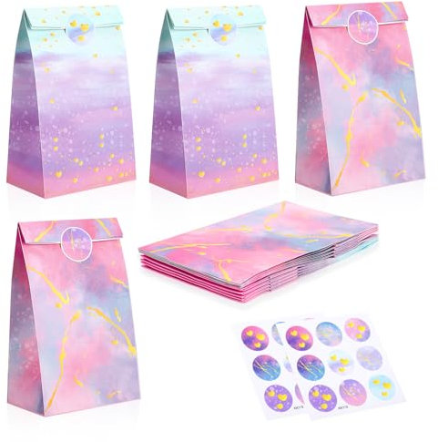 Partideal 12 Regenbogen Geschenktüten Kindergeburtstage mit 18 Aufkleber, Papiertüten Candy Bunte Geschenktüte, Candy Tüten Süssigkeiten Beutel, Geschenktüten zum Verpacken von Geschenken