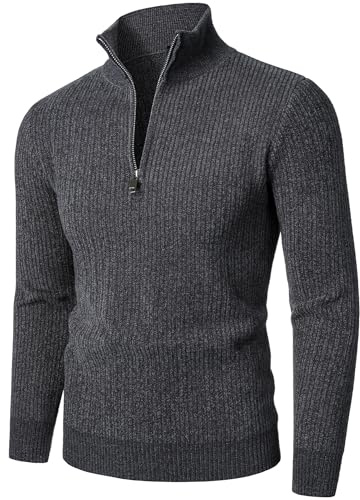 HOOD CREW Men’s 1/4 Zip Jumper Long Sleeve Warm Sweater Soft Cozy Knitwear Pullover Dark Grey