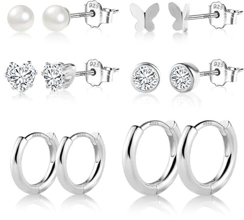 Silber 925 Ohrringe Set für Damen - 6 Paare Hypoallergen Herz Perle CZ Glitzer Ohrstecker und Huggie Creolen für Mehrere Piercings - Mädchen Schmuck