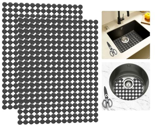 2 Stück Spülbeckenmatte mit Schere, PVC Zuschneidbar Spülbeckeneinlage, Abtropfmatte Spüle, Geschirr Abtropfmatte, Keramik/Edelstahl Spülbecken Schutzmatte, Küche Zubehör, 30 x 40cm (Helles Schwarz)