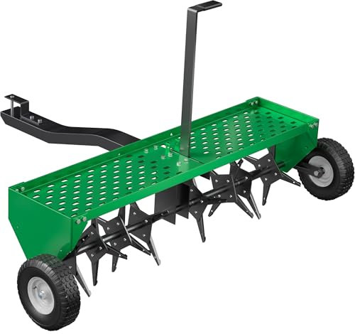 PPOLB 48 Plug Aerator Tow Behind, Lawn Aerator Tow Behind with Universal Hich, Green Painted Galvanized Steel with Tray and Inflatable Wheels, Pull Behind Aerator for Garden, Farm and Lawn