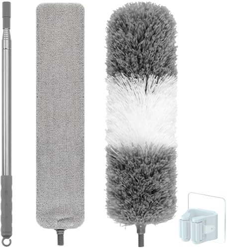 4 PCS Plumero telescópico Extensible 82-250cm (Gris) Cepillo Limpia radiadores calefaccion y Muebles atrapapolvo de Microfibra 2 en 1 + Accesorio Plumero Plano Limpia Polvo bajo Muebles + Colgador