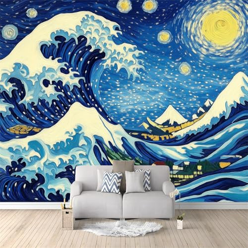 Papier Peint Intissé 200 x 140 cm Panoramique Image Vagues De Dessins Animés Japonais Maison Chambre Déco Photo Murale Décorative, Bleu Tenture Murale Papier Peint pour Appartement Décoration Salon