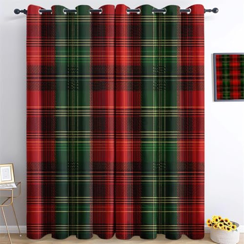 Vorhänge Wärmeisolierend Weihnachten Kariert Tartan Muster Bedruckte Verdunkelungsvorhänge H 160 x B 70 cm (2 x 70 x 160 cm) Thermovorhänge mit Ösen für Schlafzimmer Wohnzimmer, Rot Grün