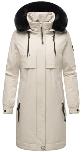 Navahoo Damen Mantel lange warme Winterjacke mit Kunstfell und Kapuze (beides abnehmbar) Kaltwetterretter 14 Pearl Grey Gr. XL