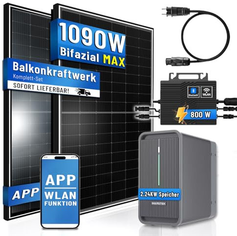 PIANETA Balkonkraftwerk 1170W Bifazial Solarmodule je 450W, Wechselrichter Eway 800W und Marstek Speicher B2500 2.24Kwh für Haus Dach Balkon Terrasse