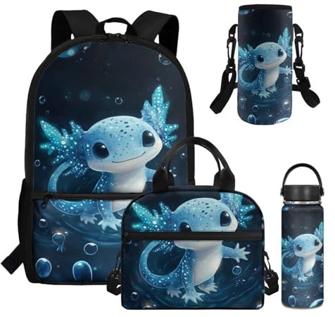COEQINE Mochila 4 en 1 para niñas de 4, 6, 8, 10, 12 años, mochila con lonchera y soporte para botella de agua, Gato persa arco iris Kawai