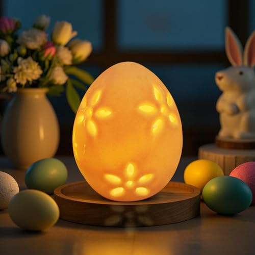 DZAY Ostereier Deko Beleuchtet Teelicht Ostern Deko Tischdekoration Eier Lichter,Led Osterbeleuchtung Lampe Keramik Nachtlicht,Ostern Eier Deko,Leuchtendes Osterei für Party Dekoration (02)