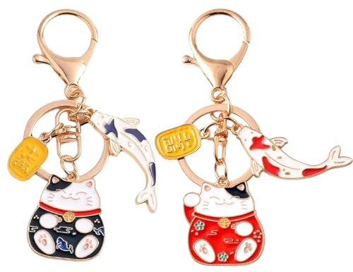 NHQZ 2 pièces Porte Clé Chat Porte-Bonheur, Pendentif Porte-Bonheur Chat, Porte-Clés Maneki Neko Style Japonais,Porte Clé Kawaii Pour Sacs À Main, Porte-Clés, Cadeaux (B)