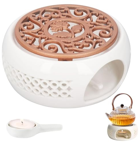 Stövchen für Teekanne, Keramik Teekannenwärmer aus Porzellan Weiß mit Teelichthalter und Herdmatte Hohles Design Teewärmer für Kaffee Tee Milch geeignet für Viele Teekannen, ø14,6 cm, Weiß