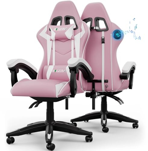 Bigzzia Ergonomic Gaming Chair With Speakers Lumbar and Headrest Cushions | Built-in Bluetooth Speakers, 360° swivel, High-density Padding, up to 110kg for Adults (Pink)