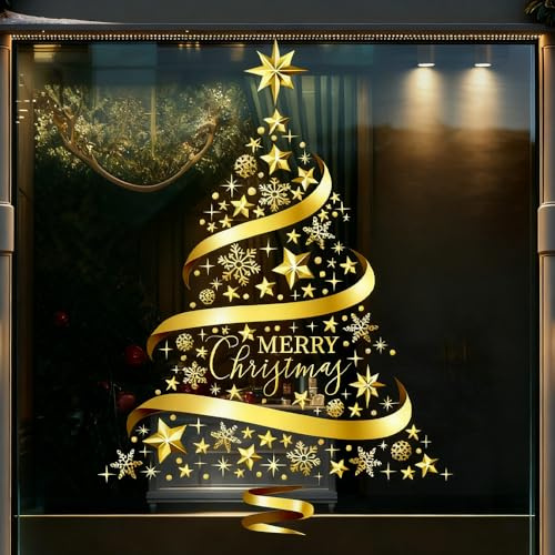 Calcomanías grandes doradas para decoración de árbol de Navidad para el hogar, cafetería, puerta de cristal de centro comercial, pared estática, ventana, puerta, mural, escaparate, calcomanía