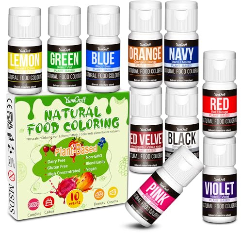 Natural Food Colouring Kit - 10 Plant-Based Organic Vibrant Liquid Food Colourings | Artificial Dye Free 100% Natural Non-GMO Food-Grade Colourings for Cake Decorating, Baking, Frosting, Fondant