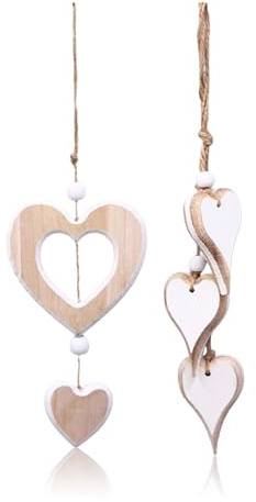 2Stück Fensterdeko Hängend Holz Dekoherz Fensterdeko Dekoanhänger Herz Deko | Holz Anhänger Hängende,Deko Herzen zum Aufhängen,Holzherzen Hängedeko Fenster Hängen für Hochzeit/Wohnzimmer Dekohänger (B)