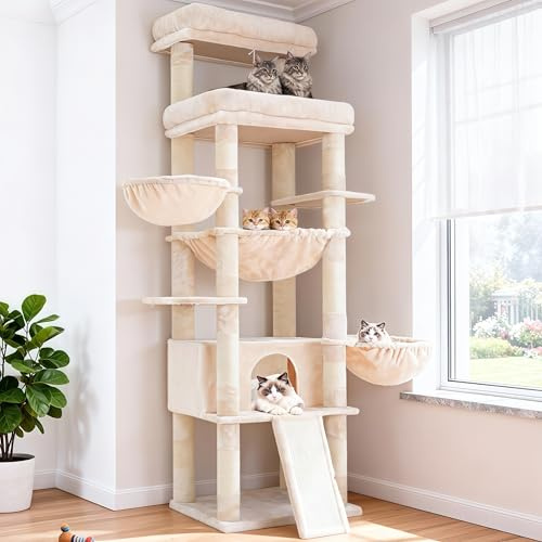 Hey-brother 182 cm Stabil Kratzbaum, für ausgewachsene großeKatze, MPJ080M | mehrstöckiger Katzenbaum mit 2 Grosse liegefläche, 3 Hängematten, Höhle, 2-in-1-Sisalkratzbrett, Plüschbällen, Beige