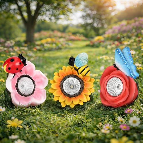 GIGALUMI 3 Blumen Se Gartenfiguren, Blumendekoration für den Außenbereich, Geschenke für Frauen, Geschenke für Mama, Dekoration für Terrasse und Garten, Geburtstagsgeschenk für Frauen
