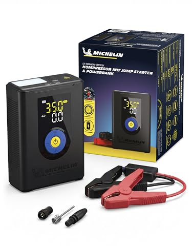 MICHELIN Air Power Max Hybrid Akku-Kompressor mit Jump Starter & Powerbank | Li-Ionen Akku-Kompressor 3in1 Starthilfe, Luftpumpe 9,9 bar & 10.000 mAh Powerbank für Auto, Motorrad & Fahrrad