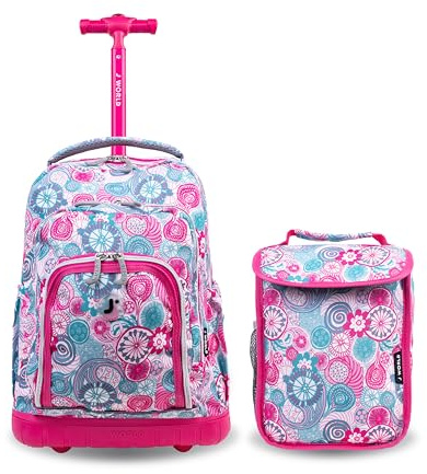 J World Lollipop Kids Rolling Backpack & Lunch Bag Set for Elementary School. Carry-On Suitcase with Wheels, Blue Raspberry
