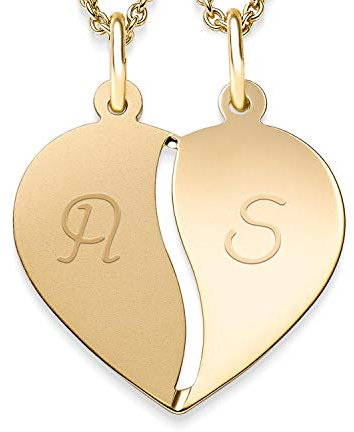 Herzkette Gravur für Paare Gold + inkl. GRATIS Luxusetui + teilbar 2 Hälften für Pärchen persönlich gravierbar Kette Paarkette Herzanhänger gebrochen Gelbgold 333er Goldkette FF411-1 GG33345