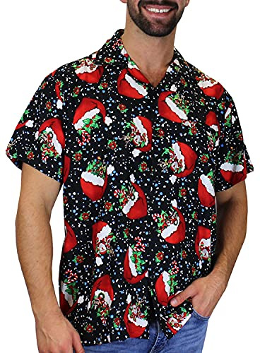 King Kameha Funky-Hawaii-Hemd, Weihnachten, Herren, Kurzarm, Christmas-Flying-Hats, Schwarz, M
