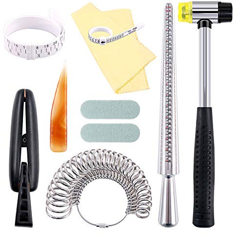 Keadic Schmuckringgrößen-Set, Ringdorn, Ringgröße, Ringklemme, Gummihammer, Kunststoff-Ringgrößenmesser, Schmuckreinigungstuch, Polierstäbe, Polierstangen, polierter Achat und Aufbewahrungst