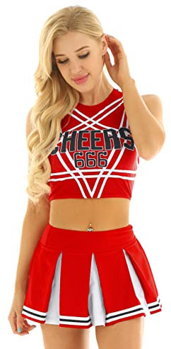 MSemis Damen Cheerleading Kostüm Cheer Leader Uniform Karneval Fasching Party Halloween Kostüm Kleid Minirock mit Crop Top A Rot S