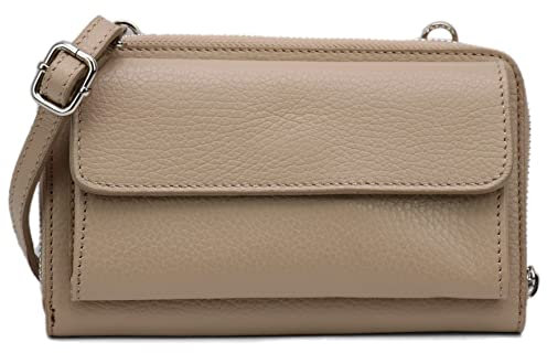 SH Leder Damen Handytasche Umhängetasche Geldbörse Multifunktion Beutel aus Echtleder Verstellbar Schultergurt Handy bis 6,8 Zoll 11,50x19cm Vera G368 (Taupe)