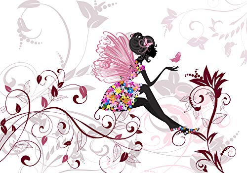 wandmotiv24 Fototapete Blumenfee mit Schmetterling, XL 350 x 245 cm - 7 Teile, Wanddeko, Wandbild, Wandtapete, Elfen Fee rosa Ornamente Fantasy M6595