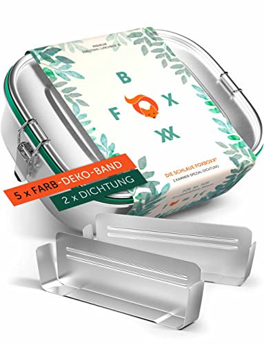 FOXBOXX Edelstahl Brotdose Premium | Large 1200ml | 5 DEKO-Farbringe + DualCham Ersatzdichtung = Auslaufsicher + 2 Trennwände = 3 Fächer | Kinder & Erwachsene