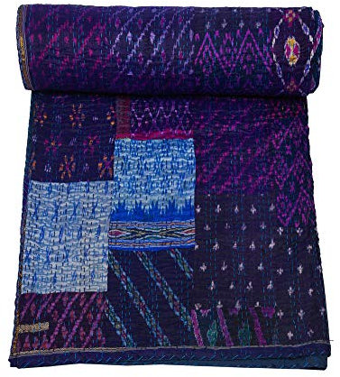 Marubhumi Indische handgefertigte Steppdecke, Überwurf Bett, Überdecke, indische Seide, Sari, Kantha, gesteppt, Patchwork, Blau, Doppelbett (152,4 x 228,6 cm)