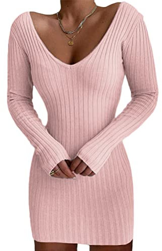Onsoyours Pulls Robes Femmes Moulante à Manches Longues Col V Robe Basique Sexy Casual Tricot Robe A Rose XS