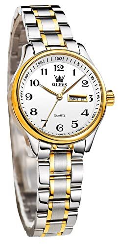 OLEVS Damenuhr Analoge Leicht zu lesen Armbanduhr mit Kleines Gesicht Gold Silber Edelstahlband wasserdichte Day Date Uhr