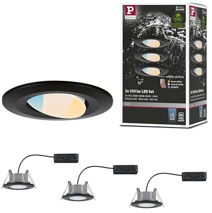 Paulmann 93096 LED Einbauleuchte Calla 3er-Set schwenkbar IP65 90mm 30° 3x550lm White Switch incl. 3x5 Watt Schwarz matt Kunststoff 3000 K