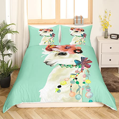 Kinder niedlicher Lama Bettwäscheset Karikatur Lama Alpaka, Bettwäsche Sommer für Jungs Mädchen Lustiges Tiermotiv Bettbezug 155x220cm Boho-Blumen-Tagesdecke Bettwäsche blaugrün Raumdekoration