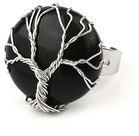 Ringe Herren, Natürlicher Obsidian Stein Kristall Offene Ringe Handaufzug Runder Baum des Lebens Reiki Balance Verstellbare Fingerringe Schmuck Hochzeitsgeschenk Für Frauen Männer Mit Geschenkbox