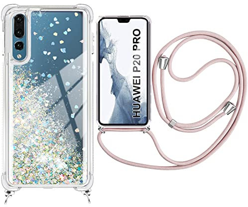 Kaply Custodia con Cordino per Huawei P20 Pro Quicksand Cover, Trasparente Silicone Glitter Liquido Antiscivolo Case per Cellulare Girocollo.