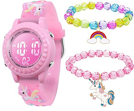 Mamiddle Bambini Orologio Digitale & 2 Bracciali Orologio da Polso Impermeabile con Sveglia Cronometro Luci 3D Cartoon Silicone Band Regali di Compleanno per 3-12 anni Ragazze (Set Unicorno Rosa)